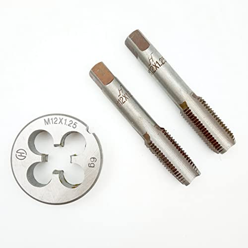 Acdeyaca Ensemble de tarauds et filières métriques à main, tarauds filetés M12 x 1,25 et filière ronde, 2 tarauds droits pour droitier et 1 matrice (M12 x 1,25)