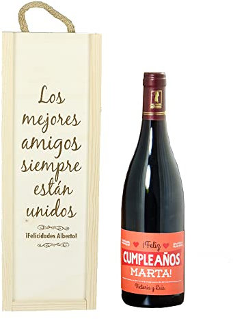 CALLE DEL REGALO Botella de vino con caja de madera para cumpleaños personalizada con nombre y dedicatoria