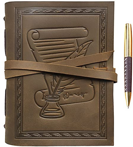 Leder Notizbuch A5 Tagebuch Journal Geprägt Federkiel & Tintenfass Handgefertigte Reisetagebuch, Vintage Notebook Für Männer Frauen Antik Rustikal Echtes Leder 21X15Cm Geschenk Sketchbook