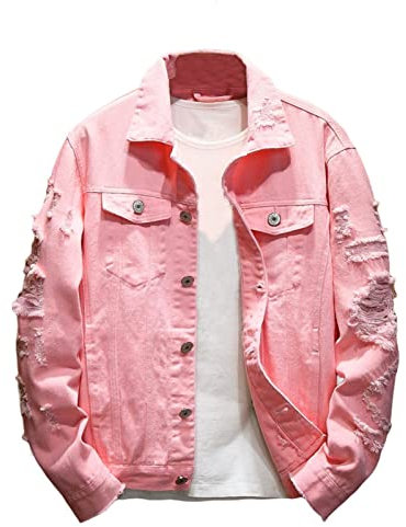 SHINROAD Veste en jean pour homme avec trou déchiré - Couleur unie - Col roulé - Vêtement de rue pour l'automne et l'hiver - Ample pour voyage - Rose - XL