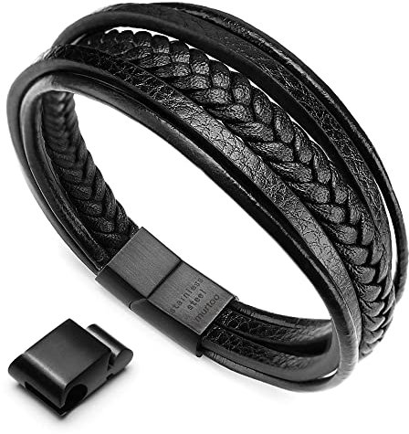 murtoo Herren Armband Edelstahl Echtleder Armband Naturstein Geflochten Mit Magnet Verschluss (19.0cm, schwarz)