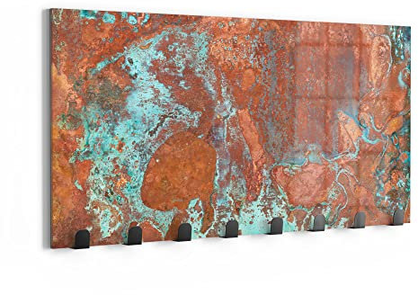 DEQORI Wandgarderobe Glas & Metall | Motiv Rostige Kupferplatte | 60x30 cm | Design Haken-Leiste modern | Garderoben-Paneel für Flur, Wohnzimmer & Schlafzimmer | magnetisch & beschreibbar