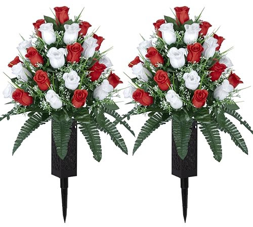 LVXINLI 2 Sets künstliche Friedhofsblumen, Outdoor-Grabdekorationen, Rosen, schöne Arrangements, Blumenstrauß mit Friedhofsvase, dauerhafte und nicht blutende Farben (weiß + rot)