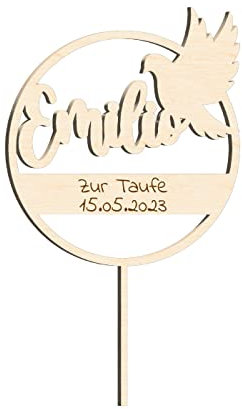 Cake Topper zur Taufe - feinste Gravur, Personalisiert mit Name und Widmung Kommunion - Konfirmation - Firmung - Kuchentopper - Kuchendeko, Material wählen:Birke Multiplex