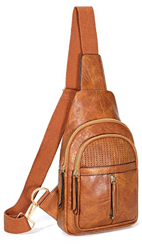 SUOSDEY Crossbody Tasche für Damen, Mode Sling bag, Leder Brusttasche Backpack Schultertaschen mit verstellbaren Riemen braun
