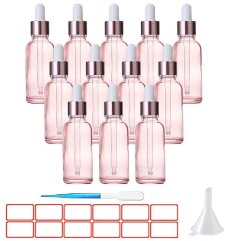 TUAKIMCE 12pcs 20ml Dropper Bottle, Glass Dropper Bottles with Dropper Pipettes, Small Sample Dropper Bottles Refillable with Funnels and Labels for Essential Oils, Aromatherapy (Pink)