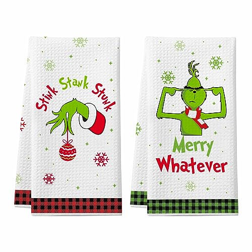 Grinchs Weihnachten Küchentücher, 2 Pack Lustigen Urlaub Geschirrtücher, Grinchs Bad Handtücher, Grinchs Weihnachten Home Decorations, Cute Xmas Geschenke für Frauen Männer
