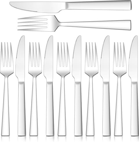 Joyfair Set de couverts à steak en acier inoxydable avec 6 couteaux de table et 6 fourchettes de table, couverts à steak pour 6 personnes, fourchettes et couteaux pour la maison, le restaurant,