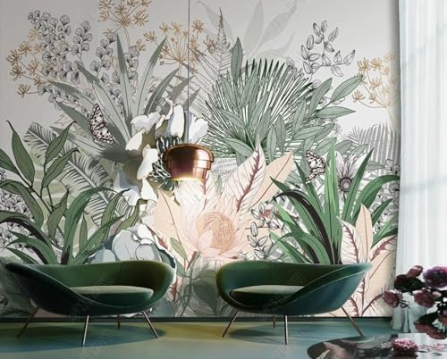 Papier Peint Intissé Feuilles De Palmier De Plantes Tropicales Dessinées À La Main Décoration Murale Poster Tableaux Muraux Salon Chambre Art Mural 250(W) X175(H) Cm
