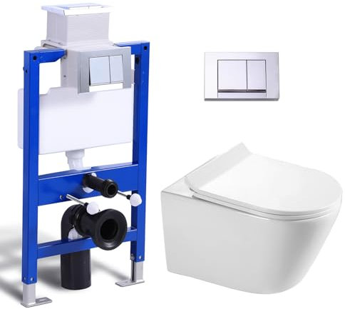 Hänge WC Spülrandlos mit Unterputz Spülkasten, Toilette und Vorwandelement WC Set Komplett, Tiefspül WC, Drückerplatte, Wand WC Keramik mit Soft-Close Absenkautomatik Abnehmbareren PP Deckel