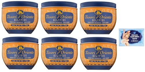 6er-Pack Tesori d’Oriente Crema Corpo Aegyptus,Körpercreme Blaue Lilie des Nils und Papyrusmilch,300ml + 1er-Pack Kostenlos Felce Azzurra Talkumpuder, 100g-Beutel