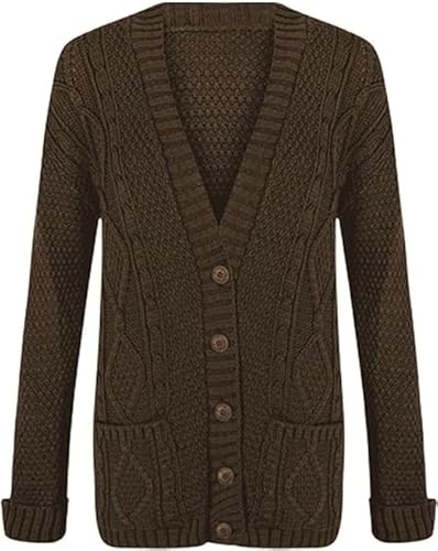 OutfitsbySMILE Women's Ladies Long Sleeve Button Top Chunky Aran Cable Knitted Grandad Cardigan UK 8 to 26