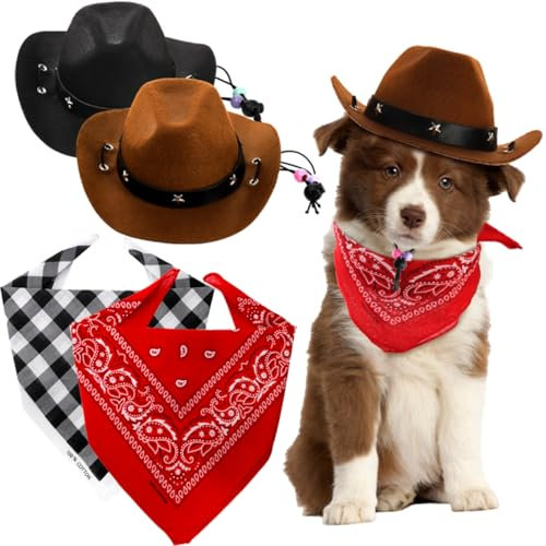 Eorbow 2-teiliges Cowboy-Kostüm-Zubehör-Set, 2-teiliges Cowboyhut und 2 x Bandana-Schal, Welpen, Kätzchen, Halloween, Weihnachtskostüm, West-Cowboy-Zubehör, Party, Cosplay, für Katzen und kleine Hunde