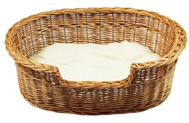 Damian-Wiklina Hundebett – Katzenbett – Hundeliege – Katzenliege – Katzenkorb – Hundekorb aus Weide – Hundekörbchen – BTH 58x41x12/18 cm – mit Ecri-Kissen