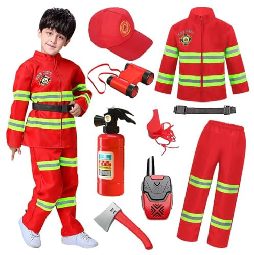 XFOZDM Costume de Pompier deguisement enfant pompier avec Pompier Jouet Extincteur Jouet Pompier Accessoires pour Carnaval Halloween Jeu de rôle Cadeau 02red,100cm