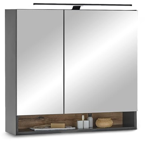 Stella Trading Denver Spiegelschrank Bad mit LED-Beleuchtung in Schwarz/Evoke Eiche Optik FSC-Zertifiziert - Badezimmerspiegel Schrank mit viel Stauraum - 80 x 75 x 22 cm (B/H/T)