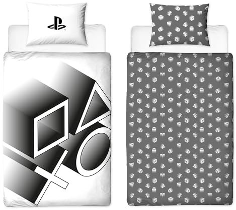Character World Playstation Offizielles Bettwäsche-Set für Einzelbett, Stretch-Gaming-Design, wendbar, 2-seitig, inkl. passendem Kissenbezug, Einzelbett-Set, Schwarz und Weiß, Polycotton