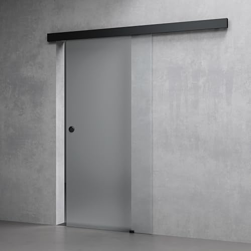 Mai & Mai Glasschiebetür komplettset softclose Schwarz Vollsatiniert | Griffart: Muschelgriff, BxH: 102.5x205cm, 25 mm Wandabstand, inkl. Soft-Close, 8mm ESG-Sicherheitsglas