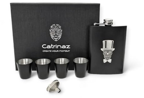 Catrinaz® - Petaca de bolsillo, diseño de calavera único, color negro mate, acero inoxidable, 4 vasos de tiro, caja de regalo de lujo