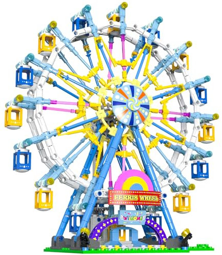 JDMDKB Rotierendes Riesenrad Bauklötze Kit, mit Lichtern Vergnügungspark Baukonstruktion Spielzeug Set für 8+ Kind and Erwachsen (Blau)
