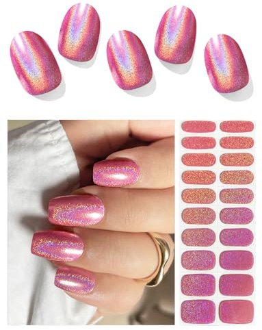 AutyaMee Semi Cured Gel Nail Strips (Laser Pink), Holographic, 20 Pcs Gel Nail Wraps, Stickers, UV Light Required, Salon Quality, Long Lasting