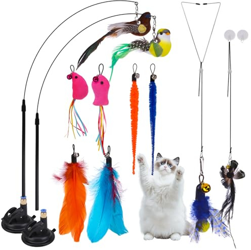 PAWCHIE Cat Wand Toy,19 Pcs Interactive Cat Feather Toy,Reusable Suction Cup Cat Bird Simulation Toy Set,Self Play Cat Kitten Toys for Indoor Play Exercise，Hanging String and Mouse Toy