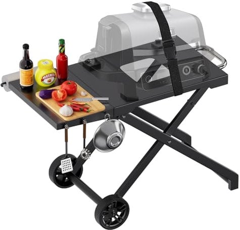 Portable Grill Stand for Ninja Woodfire Outdoor Smoke - Collapsible Grill Stand for Ninja Woodfire OG700 OG800 OG900 Series and Blackstone/Ooni, Pizza Oven Cart with Side Table