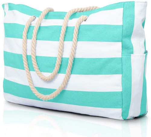 oscaurt Borsa da spiaggia, grande, impermeabile, con cerniera e manico in corda, borse a tracolla essenziali per le vacanze estive, per viaggi, shopping, piscina, palestra, picnic, Verde menta