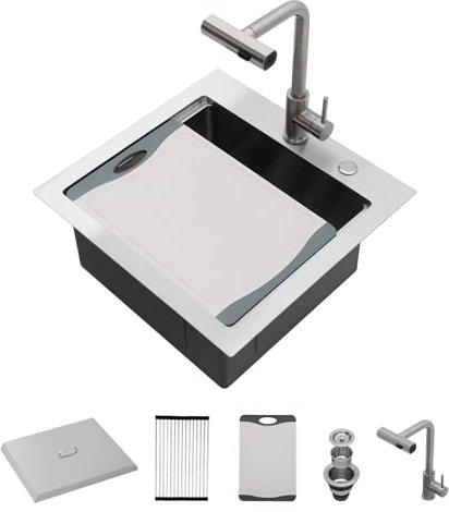 Lordear Drop In Outdoor Küchenspüle Workstation mit ausziehbarem Wasserhahn, 53,3 x 50,8 cm, Bar, Vorbereitungsspüle, 16 Gauge, Edelstahl, Einzelschüssel, kleine Küche, Camper, Nassbar, Wohnmobil,