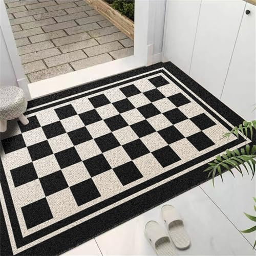 Surwin Non Slip Doormat Indoor, Black White Style Door Mats PVC Loofah Front Door Mat Non Slip Rubber Backed Rug Anti Slip Dirt Trapping Doormat Entrance Rug Mat Washable (50x80cm,Checkerboard)