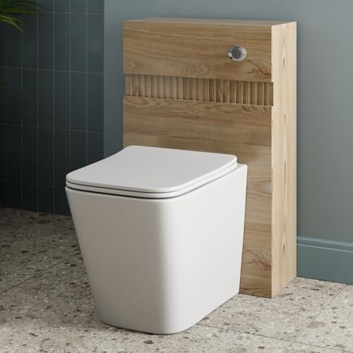 Baystone® Fluted 500mm Bathroom Back to Wall BTW Toilet WC Cloakroom Furniture Unit Pan Soft Close Seat, Dual Flush Cistern Freestanding Modern, Wood