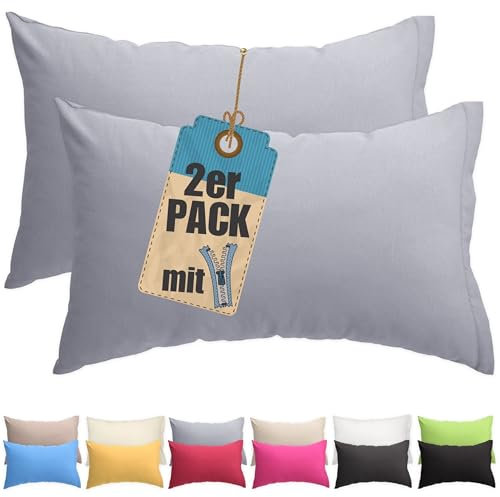 Kissenbezug Doppelpack 40x80 cm Grau mit verdecktem Reißverschluss - 2er Pack Kissenhülle Set Baumwolle Uni, Waschbar, Atmungsaktiv Mischgewebe