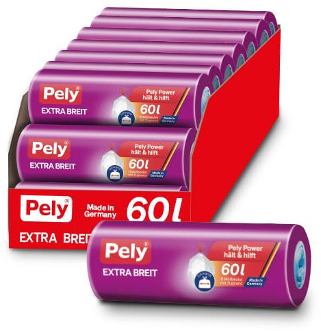 Pely Müllbeutel 60 Liter (60 Liter extra breit) XXL Vorteilspack 17 x 11 Stück im Karton, für die Entsorgung von Restmüll