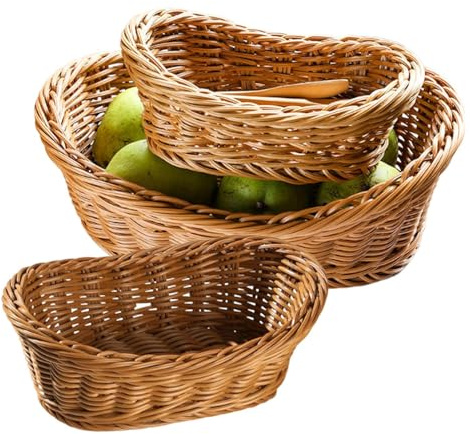 Oval Fruit Basket,3X Snack Storage Containers | Imitation Rattan Basket for Fruit, Bread, Vegetable, Towel, Home, Restaurant, Outdoor Use