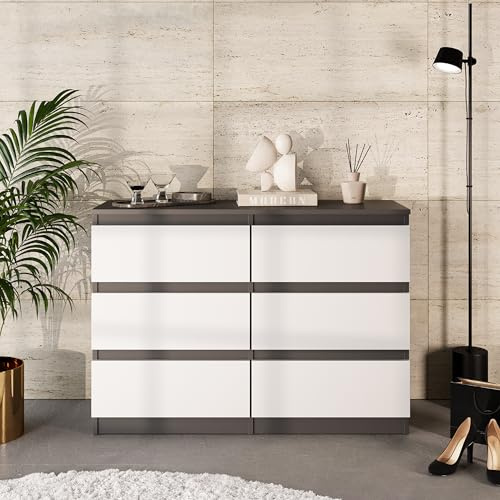 Furnica Kommode 100cm Sideboard mit 6 Schubladen - 100x71x33cm (Anthrazit Grau/Weiß Matt)