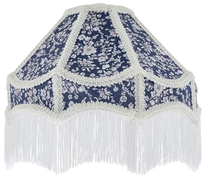 Handmade Classic Victorian Pendant Lamp Shade in Navy Blue Cotton with Embroidered Trims | 30cm x 19cm | White Faux Silk Inner Lining by Happy Homewares