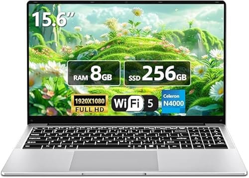 15,6 Pulgadas Ordenador Portatil, Celeron N4000 PC Portátil hasta 2,6 GHz, 8GB DDR4 256GB SSD Laptop, IPS FHD Pantalla 1920*1080 Convertible 180°, WiFi 5, Mini HDMI, Adecuado para Estudiantes /Lavoro