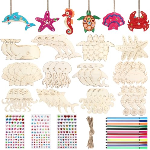 Qichan 87 Stück Meerestiere Bastelsets, Holzanhänger zum Bemalen mit Glitzersteine Selbstklebend, Bunte Marker und Juteseil, Holz Basteln, Holz zum Bemalen