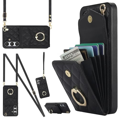MODFYN Handykette Hülle für Galaxy S25 FE (Not S25) mit Band.Black | PU Leder Handytasche mit [Kartenfächern] [Ring Ständer] Brieftasche Stoßfest Handyhülle für Samsung S25 FE