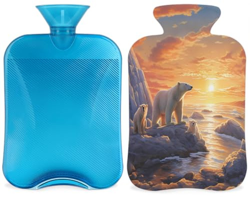 Entemne 2L Hot Water Bottle Animal Polar Bear Canadian Arctic Sunset Hot Water Bag with Cover Reusable Therapy Bag for Pain Relief Menstrual Cramps, Muscle Soreness Winter Warmth Gift