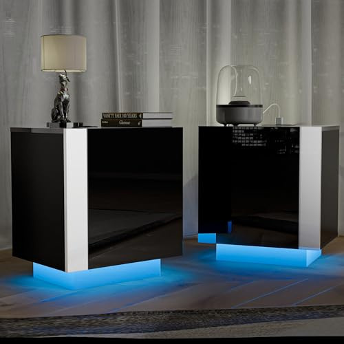 AUREUM OPAL LED Bedside Table Set of 2 with Charging Station, Modern Nightstand, High Gloss Water-Resistant Surface, Remote Control, Side End Tables for Living Room, Bedroom, Gaming Room (Black)