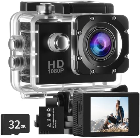 Aolso Action Camera with 32GB microSD Memory Card, 1080P 30FPS 30m Waterproof Underwater Camera, 170° Wide Angle Helmet Camera with Accessories Kit