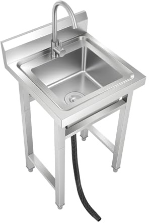 Mermajestic Fregadero independiente de acero inoxidable, 1 lavabo, fregadero comercial con grifo giratorio de 360°, fregadero de cocina con cesta y tapa de filtro, para exterior, interior, cocina