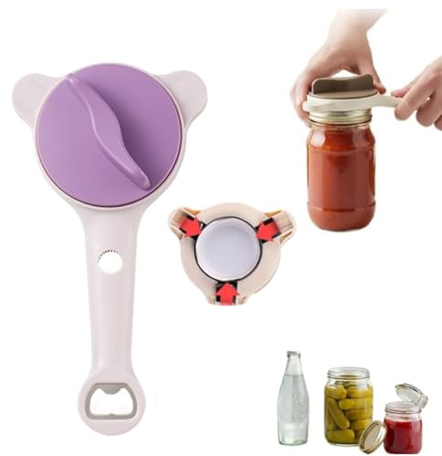 Adjustable Jar Opener for Seniors with Arthritis, 4-in-1 Multi-Function Bottle Opener, Ergonomic Kitchen Gadget for Weak Hand Strength, Easy Grip Lid Remover for Standard & Twist Tops (Purple)