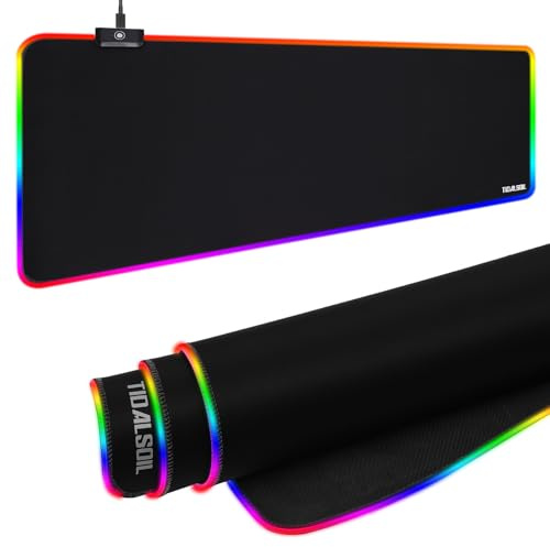 TIDALSOIL RGB Gaming Mauspad, 80 × 30 cm XXL Schreibtischunterlage mit 12 Beleuchtungsmodi, rutschfeste Naturkautschuk-Basis, große Tastaturmatte für PC Gaming & Büro, Schwarz