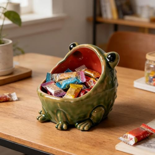 Frog Candy Dish - Ceramic Key Bowl for Entryway Table | Cute Big Mouth Frog Statue Decor for Jewelry, Coins & Office Desk Accessories | Unique Housewarming Gift for FrogLovers