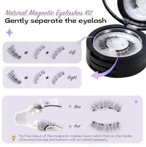 Magnetic Eyelashes Kit – 4 Pairs Magnetic Lashes Natural Look with Applicator, Wispy Strip & 3/4 Half Lashes Style, No Glue Reusable False Lashes with 4-Magnet Upgrade for Daily Use