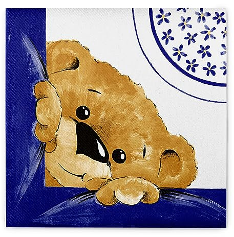 Sovie HOME Serviette TEDDY aus Linclass Airlaid, 40 x 40cm, 1/4 Falz, 12 Stück, Design zauberhaftes Teddy-Design in Royalblau, stoffähnliche Einwegserviette, Ideal für Baby-Shower Taufe Geburtstag