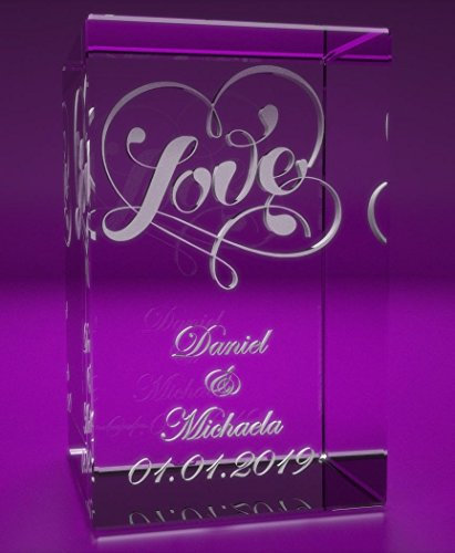 VIP-LASER 3D Glas Kristall Quader XL mit Love und Deinen Namen + Datum im Hochformat graviert! Geschenk für besondere Anlässe wie Geburtstag, Jahrestag, Valentinstag, Weihnachten! (ohne Leuchtsockel)