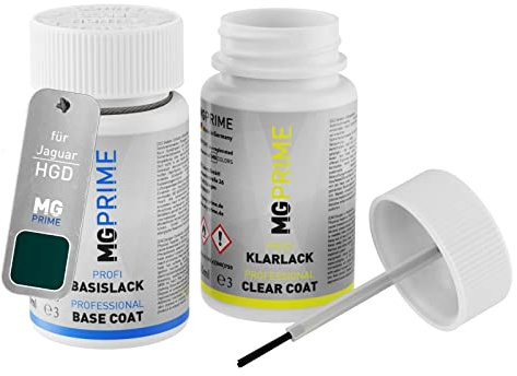 MG PRIME Lackstift für Jaguar HGD / JBC1753 British Racing Green + Klarlack | Autolack, Set aus Basislack + Klarlack, Lackfläschchen mit Pinsel, je 50ml